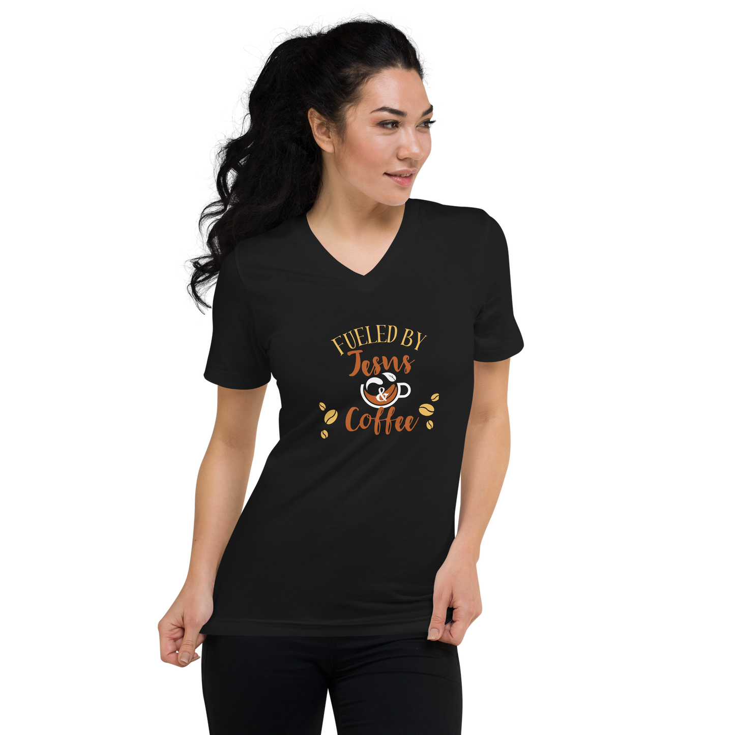 Fueled by JESUS & COFFEE - Unisex Short Sleeve V-Neck T-Shirt