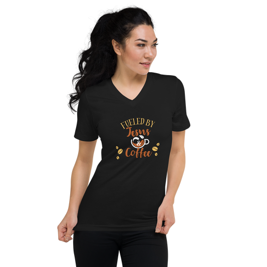 Fueled by JESUS & COFFEE - Unisex Short Sleeve V-Neck T-Shirt